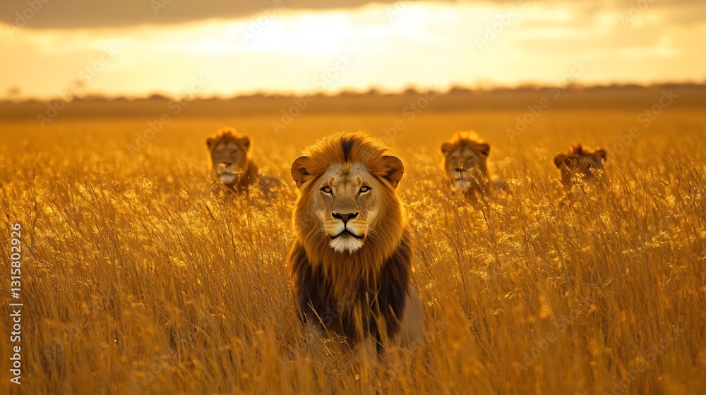 Fototapeta premium Savanna Warriors lion pride resting in tall golden grass with the leader standing watch against the backdrop of an African sunset