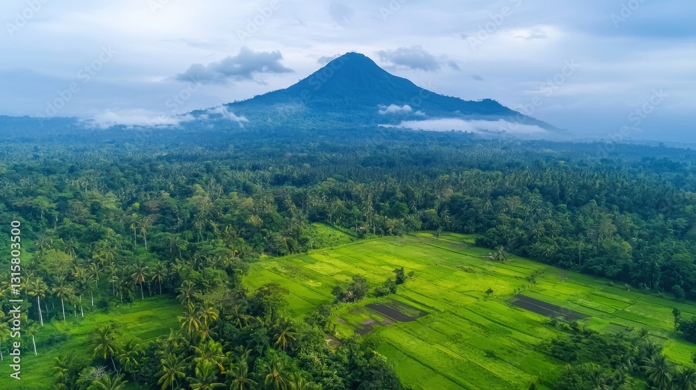 Fototapeta premium Serene Aerial View of Lush Green Rice Terraces and a Majestic Mountain in Indonesia