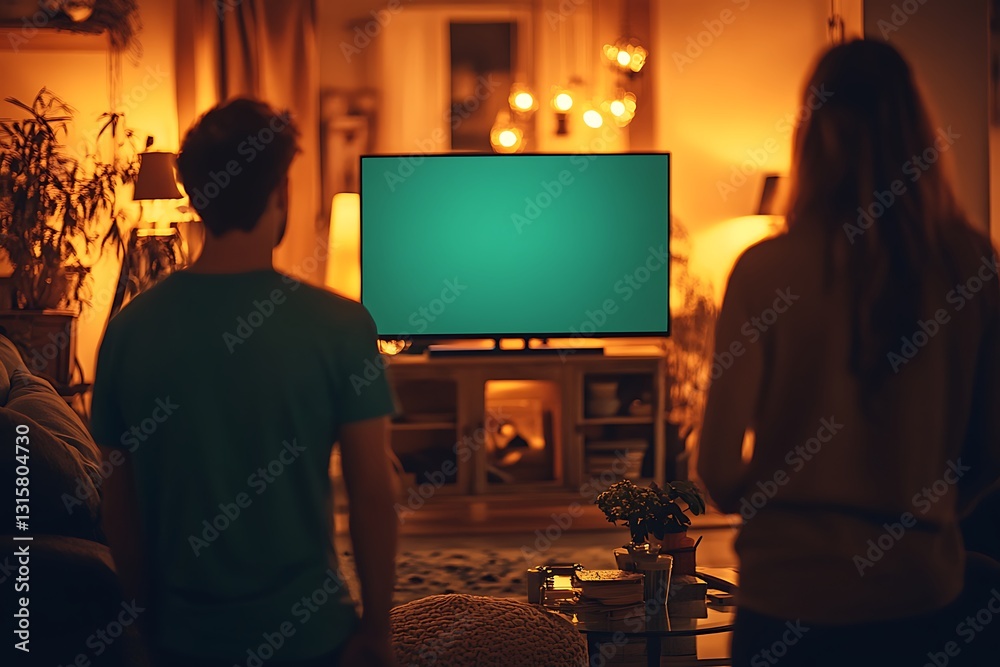 Obraz premium Couple watching TV in cozy living room