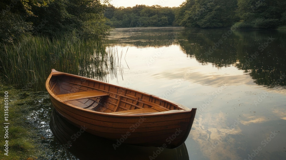 Serene Lakeside Rowboat: A Wooden Boat on a Calm Lake at Sunset Serene Lakeside Rowboat: A Wooden Boat on a Calm Lake at Sunset