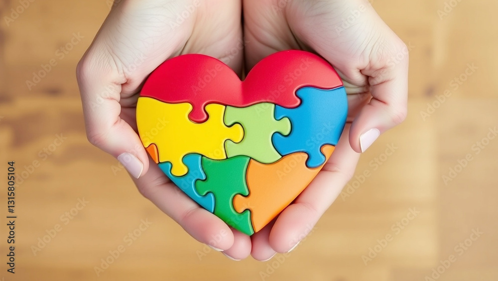 custom made wallpaper toronto digitalColorful Puzzle Heart in Hands - Symbol of Love, Unity, and Autism Awareness. Generative AI