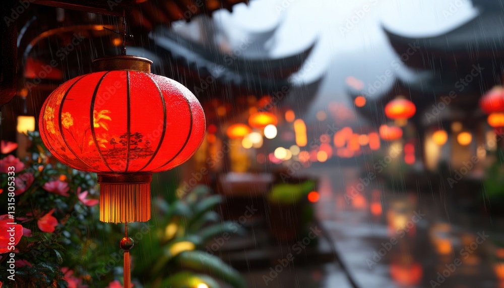 Immerse yourself in the ethereal beauty of a misty rainy street with a single glowing red lantern, casting a warm and inviting glow upon the slick cobblestones This atmospheric image captures the Immerse yourself in the ethereal beauty of a misty rainy street with a single glowing red lantern, casting a warm and inviting glow upon the slick cobblestones This atmospheric image captures the