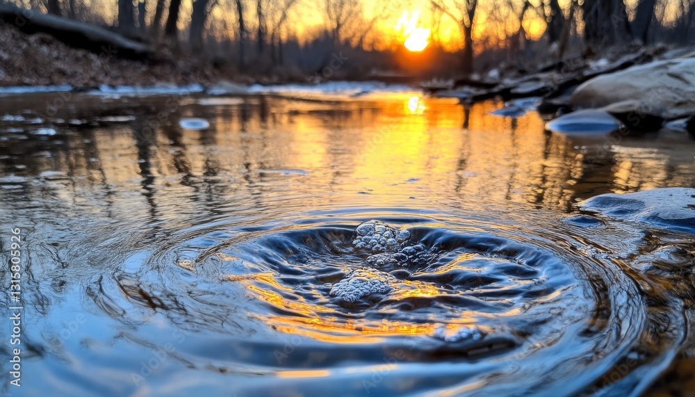 Obraz premium Immerse yourself in the tranquil beauty of nature with this captivating image showcasing serene and pure rushing water reflecting a golden sunrise, creating a magical natural view Witness the