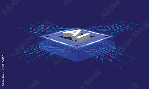 3D Isometric AI chip on circuit tech board. Artificial Intelligence and Machine Learning Technology