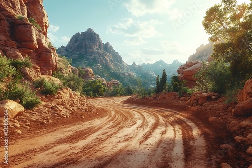 A dusty dirt road winding through a scenic mountainous landscape photo