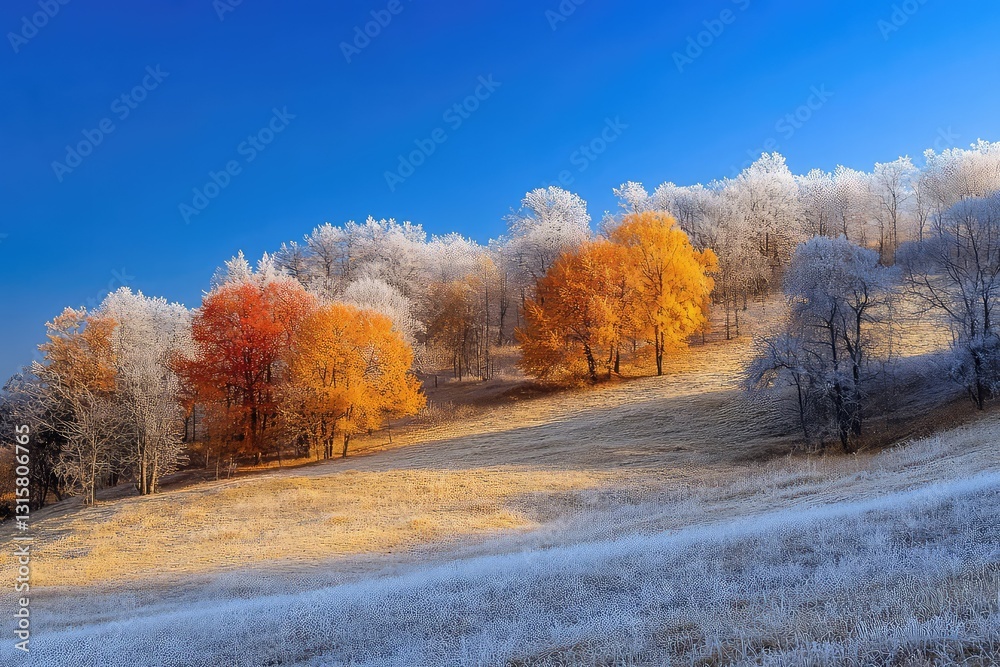 An autumn hillside covered in frost, trees ablaze with warm colors against a clear blue sky. An autumn hillside covered in frost, trees ablaze with warm colors against a clear blue sky.