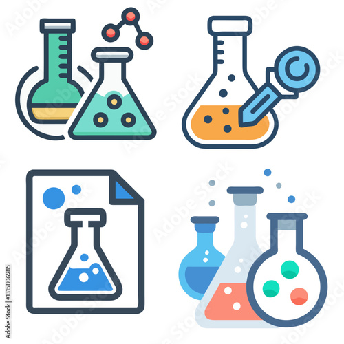 Chemical flask icon. Chemical tube set. Vector illustration. Flask Icon Set. Scientific Chemical Blue Flask Icon set for Laboratory Research, Scientific . Laboratory glassware symbol Icon Set.
