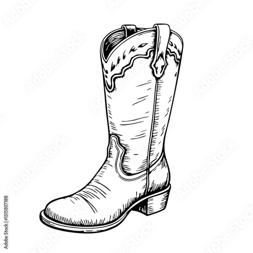 Vintage cowboy boot sketch in black and white  