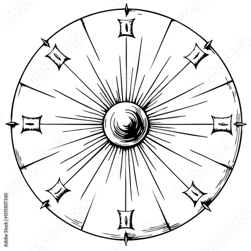 Vintage Compass Sketch with Radiating Lines in Black and White  