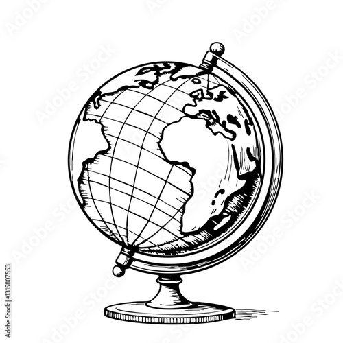 Vintage globe sketch displaying continents on a stand  