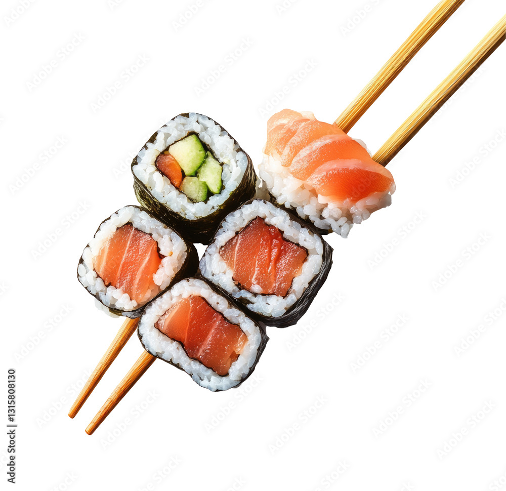 An artistic arrangement of various sushi rolls with fresh salmon and vegetables, held by chopsticks, set against a clean white background An artistic arrangement of various sushi rolls with fresh salmon and vegetables, held by chopsticks, set against a clean white background