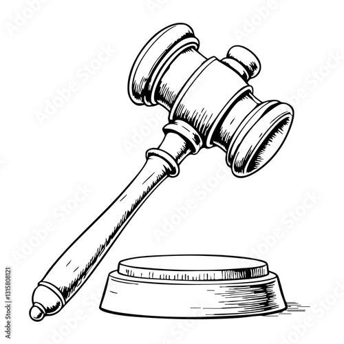 Vintage sketch of a gavel on a wooden block  