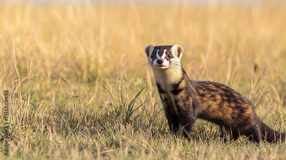 Striped Polecat striped polecat standing alert in an open savanna its black and white fur forming a striking contrast against the golden grasslands