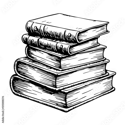 Vintage sketch of stacked books in black and white   