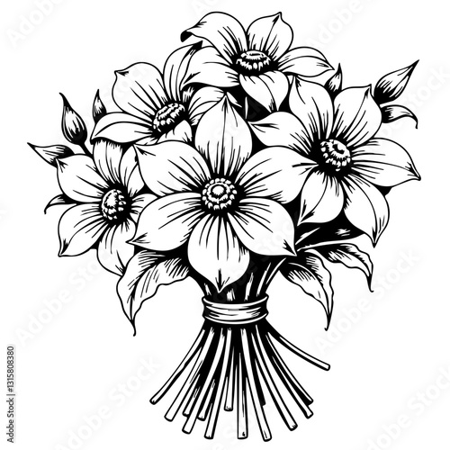 Vintage sketch of a bouquet of flowers in black and white  