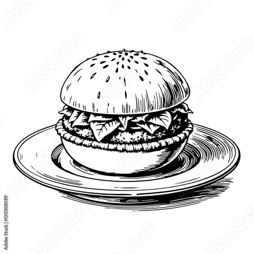 Vintage sketch of a delicious fajita burger on a plate  