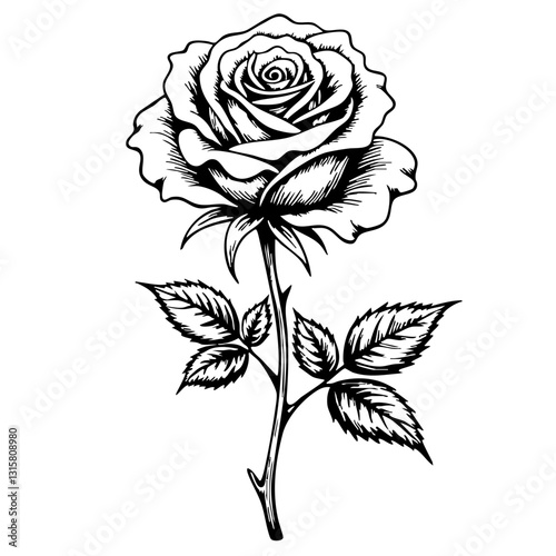Vintage sketch of a rose with detailed leaves  
