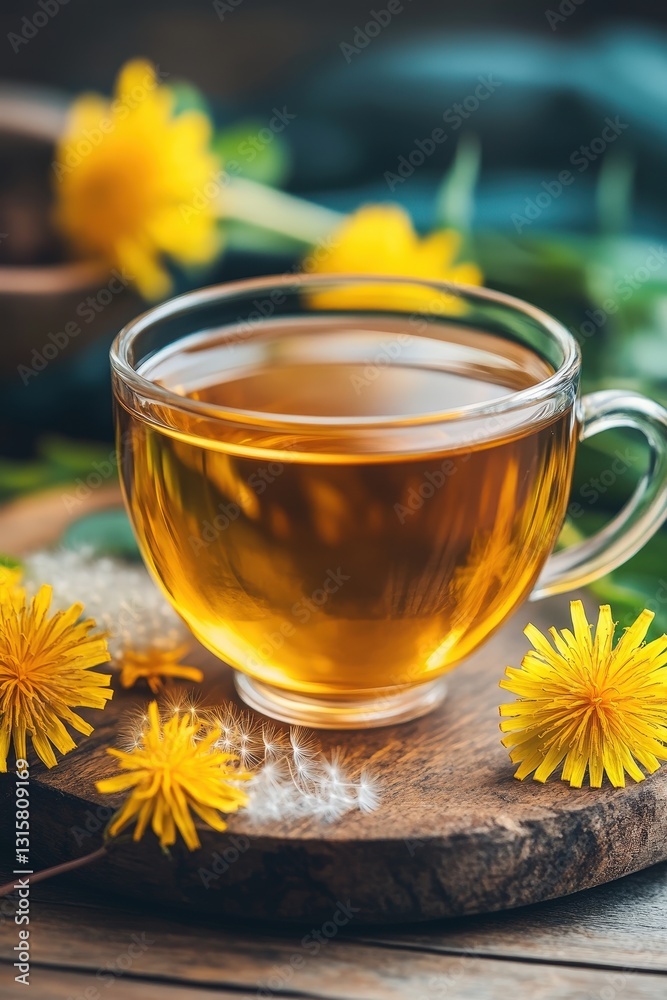 Delicate cup of tea adorned with vibrant dandelion flowers on rustic wooden table. National Dandelion Day Delicate cup of tea adorned with vibrant dandelion flowers on rustic wooden table. National Dandelion Day
