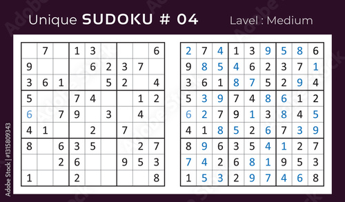 Vector sudoku puzzle with answer. Sudoku, number puzzle game with numbers for kids and adults.