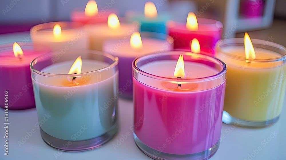 Vibrant Collection of Scented Candles with Flickering Flames Creating a Cozy and Tranquil Atmosphere in a Modern Home Setting Vibrant Collection of Scented Candles with Flickering Flames Creating a Cozy and Tranquil Atmosphere in a Modern Home Setting