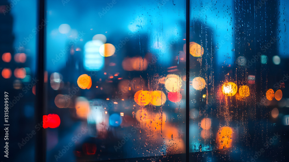 on a glass window with blurred city lights in the background on a glass window with blurred city lights in the background