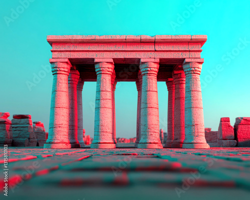 Ancient stone structure with majestic columns under a vibrant sky. photo