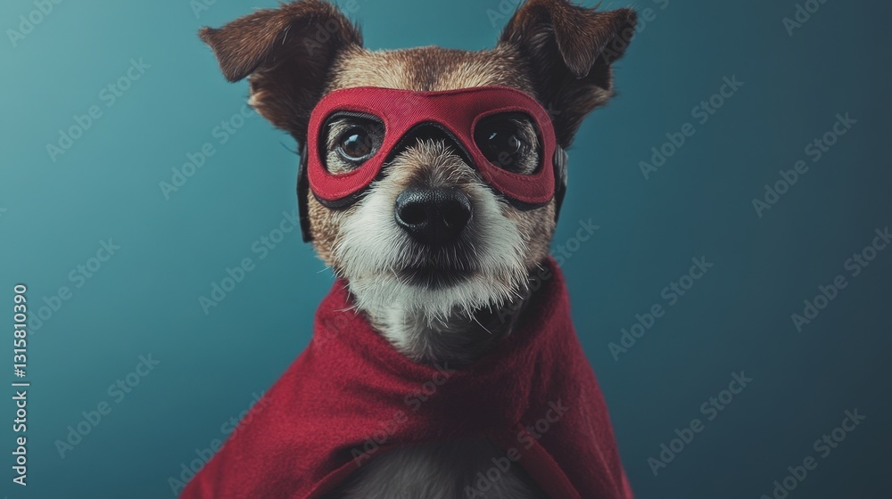 Dog in a red cape and mask embodies heroism, ready for adventures in a playful pose at home. Dog Appreciation Month Dog in a red cape and mask embodies heroism, ready for adventures in a playful pose at home. Dog Appreciation Month
