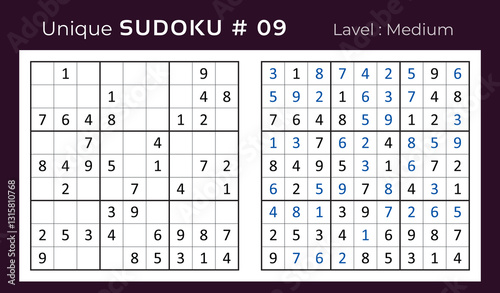 Vector sudoku puzzle with answer. Sudoku, number puzzle game with numbers for kids and adults.