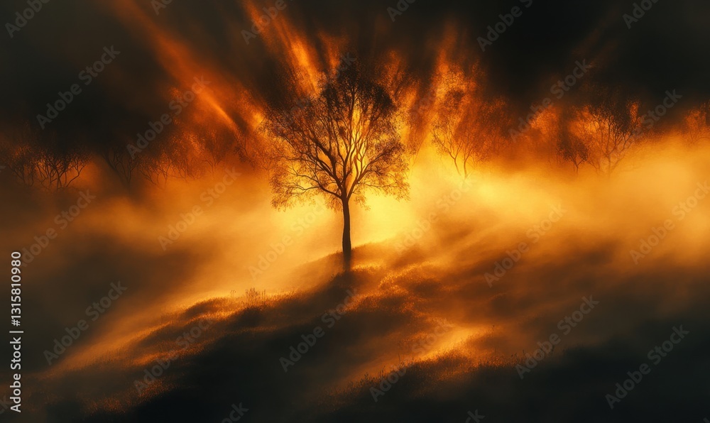 Obraz premium Solitary tree in fiery sunset fog, mystical landscape, fantasy art