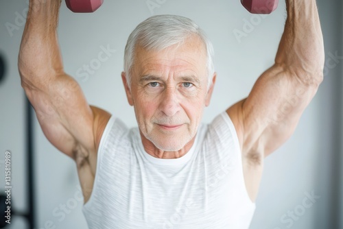 healthy aging secrets. Active senior lifting weights in a gym environment.