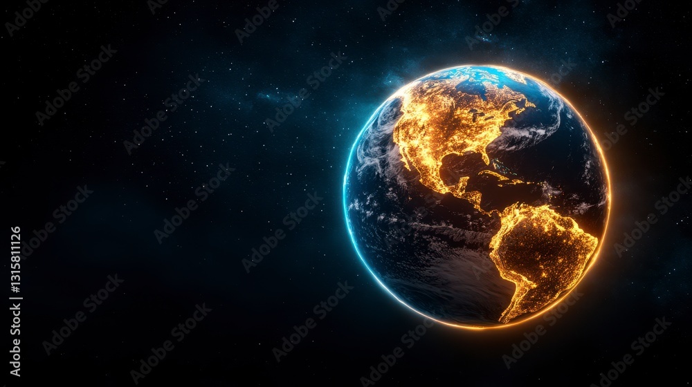 Obraz premium Stunning Digital Rendering of Earth with Glowing Continental Lights