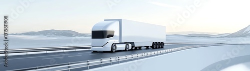 A modern white truck driving on a highway, surrounded by a snowy landscape and mountains in the background, showcasing advanced vehicle design and technology. photo