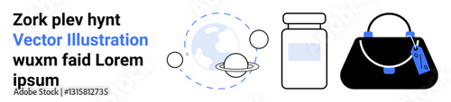 Planet with orbiting elements, medicine bottle, and handbag with tag in minimal style. Ideal for healthcare, travel, fashion, sustainability, commerce, science flat landing page banner