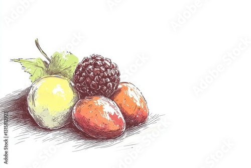 Hand-drawn illustration of assorted fruits with shadow effect