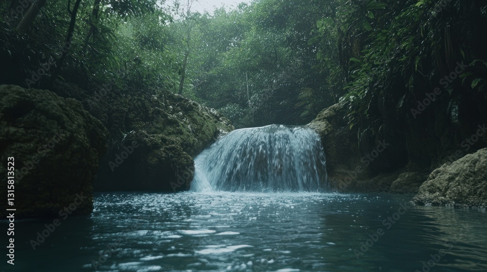 Fototapeta premium Serene Waterfall in Lush Green Forest