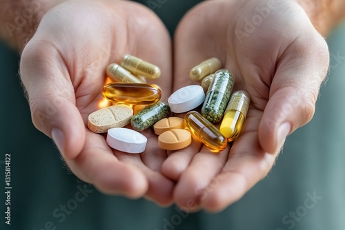 healthy aging secrets. Hands holding a variety of colorful dietary supplements and vitamins.