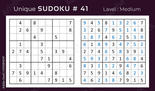 Vector sudoku puzzle with answer. Sudoku, number puzzle game with numbers for kids and adults.