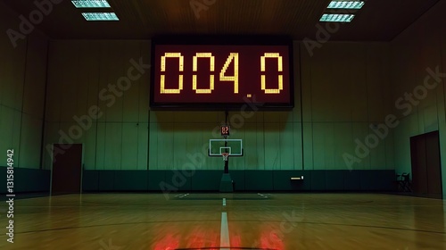 Empty basketball court, digital scoreboard displays 004.0