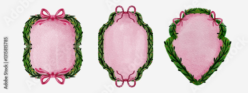 Floral crest and ribbon ornament for wedding, or christmas ornament. hand drawn illustration, floral frame