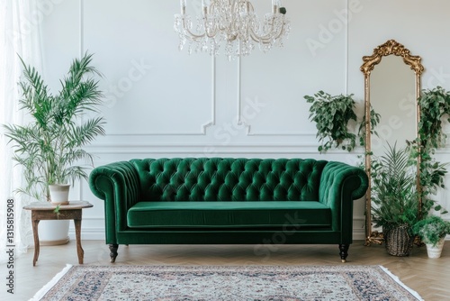 Elegant green velvet sofa in a classic interior.