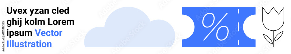 Cloud, blue discount coupon with percent sign, tulip sketch. Ideal for savings, nature, weather, eco-friendly living, finance minimalism and spring themes. Abstract line flat metaphor Cloud, blue discount coupon with percent sign, tulip sketch. Ideal for savings, nature, weather, eco-friendly living, finance minimalism and spring themes. Abstract line flat metaphor