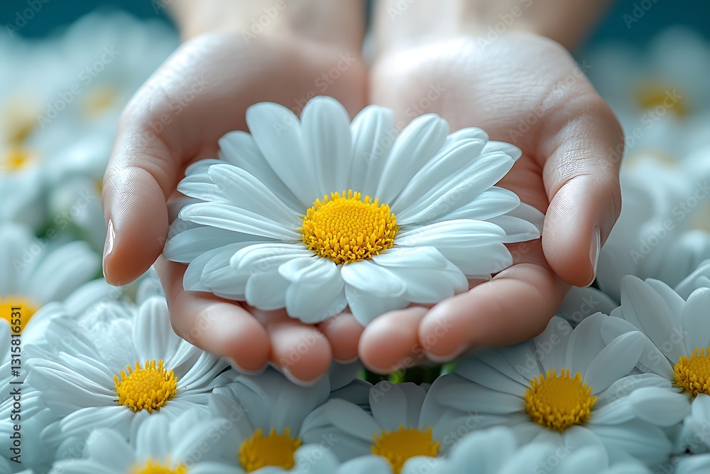 Human hands gently cradling a large white and yellow daisy flower Human hands gently cradling a large white and yellow daisy flower