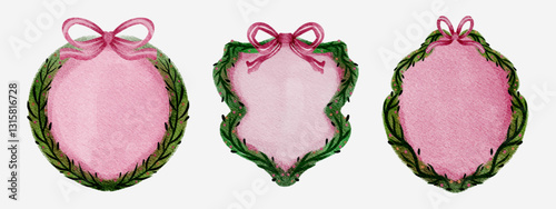 Floral crest and ribbon ornament for wedding, or christmas ornament. hand drawn illustration, floral frame