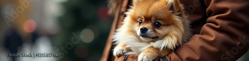Fluffy Pomeranian snug in a furry coat pocket, coat, fluffy, small