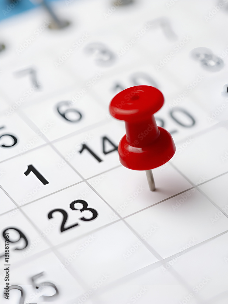 Concept image of a Calendar with a red push pin. Closeup shot of Concept image of a Calendar with a red push pin. Closeup shot of