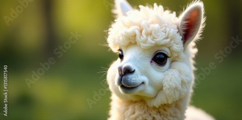 Fluffy white alpaca with big eyes and soft fur, pet, animal, fluffy