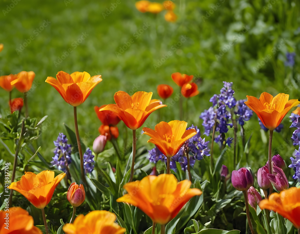 Fototapeta premium Colorful Spring flowers bloom, a beautiful field of tulips.