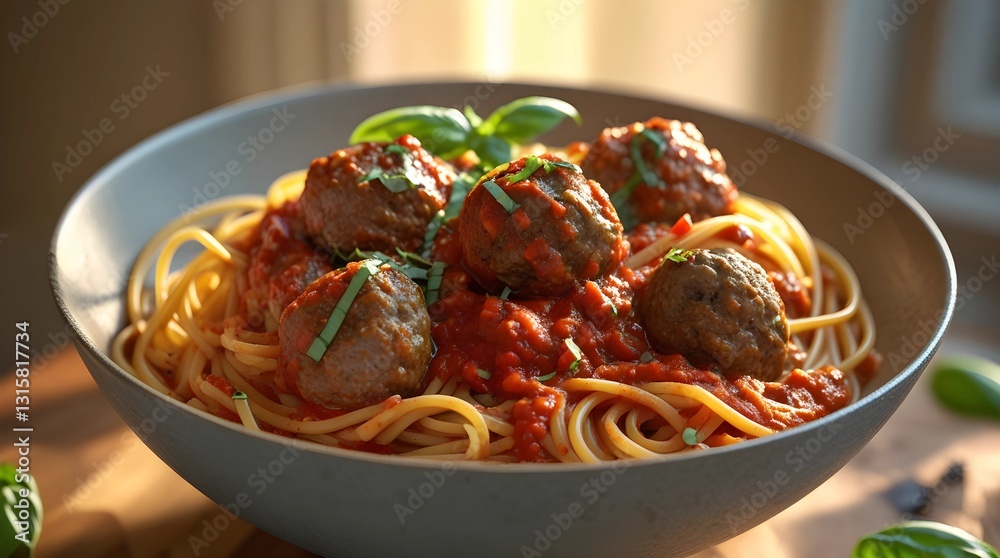 Classic Spaghetti with Meatballs in Rich Tomato Sauce, Garnished with Fresh Basil Classic Spaghetti with Meatballs in Rich Tomato Sauce, Garnished with Fresh Basil