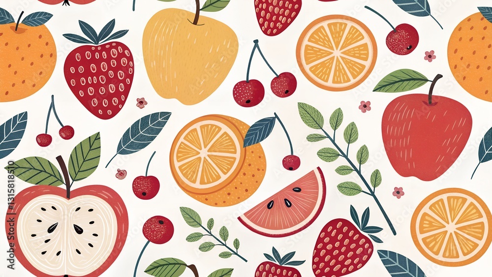A charming hand-drawn fruit pattern with apples, oranges, and berries, illustrated in a fun, cartoonish style with bold, vibrant colors
A charming hand-drawn fruit pattern with apples, oranges, and berries, illustrated in a fun, cartoonish style with bold, vibrant colors
