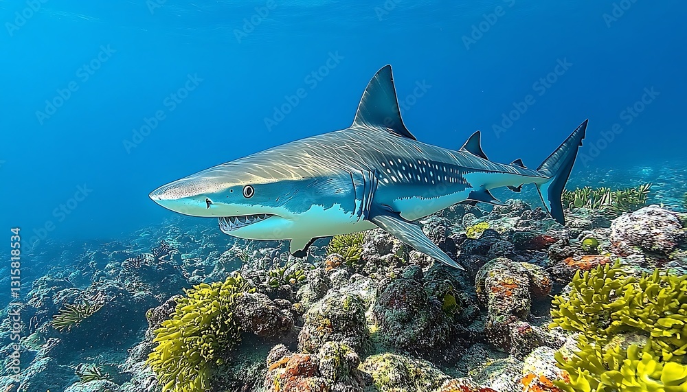 Fototapeta premium Shark Near Vibrant Coral Reef Underwater